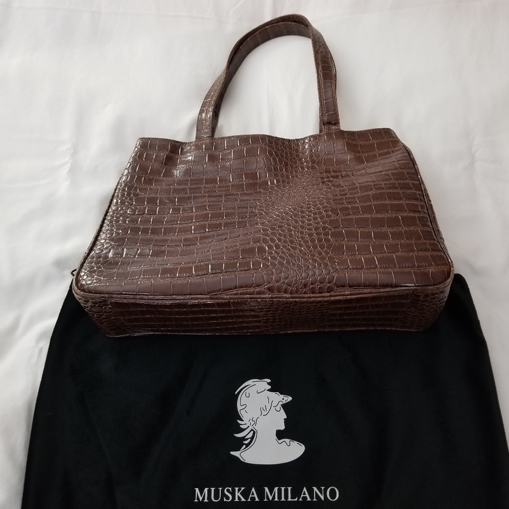 Muska Milano Large Brown Croc Textured Leather Bag